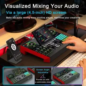 Audio Mixer, Sound Board for Pc/Phone Live Streaming Singing Gaming, Sound Mixer for 3.5mm/Xlr Dynamic/48V Microphone, Live Sound Card with DJ Mixer Effects & Voice Changer, Denoise, One Click Mute