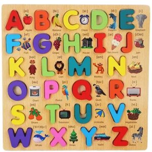 Wooden English Alphabets Capital Letter (ABCD) Blocks Board with Picture