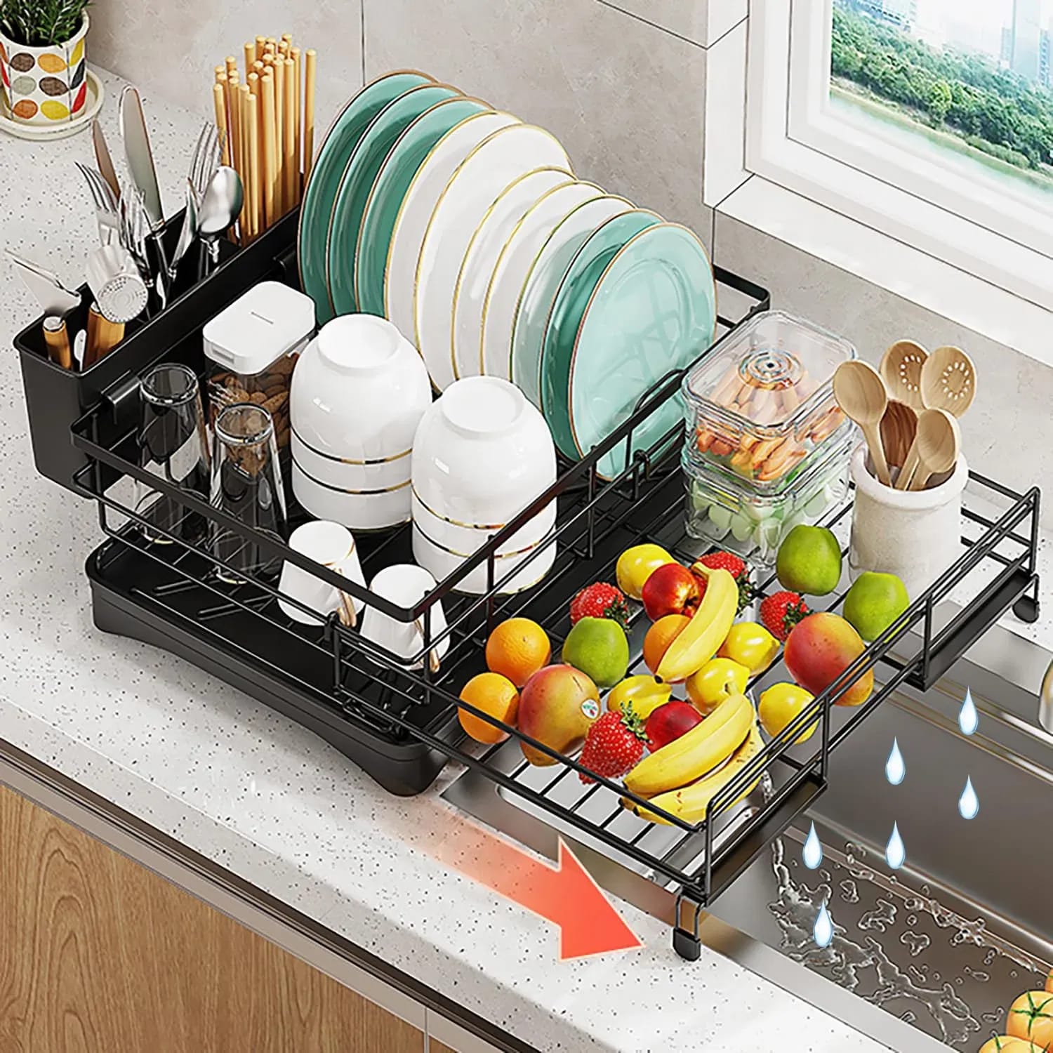 Dish drainers for Kitchen Counter,Over The Sink Dish Drainer Drying Rack,Rustproof Dish Drainer with Utensil Holder - Image 2