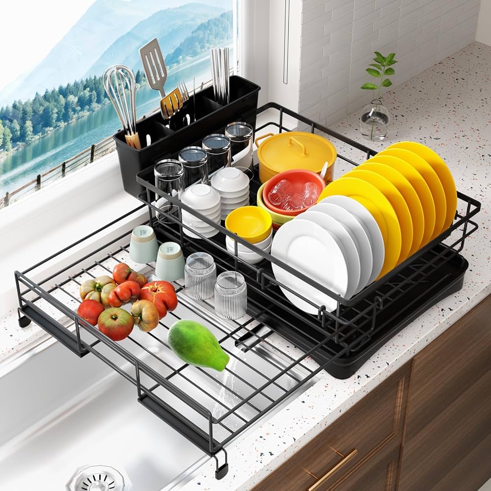Dish drainers for Kitchen Counter,Over The Sink Dish Drainer Drying Rack,Rustproof Dish Drainer with Utensil Holder