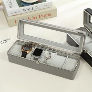 Classical Fashionable Style Gift Box 6 slot  Watch Box PU Leather Storage Case With Lock (grey)