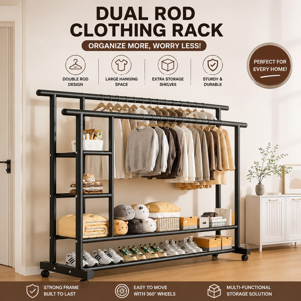 Double Layer Clothes Rack with Wheels | Heavy Duty Garment Stand with Storage Shelves | Portable Wardrobe Organizer - Image 2