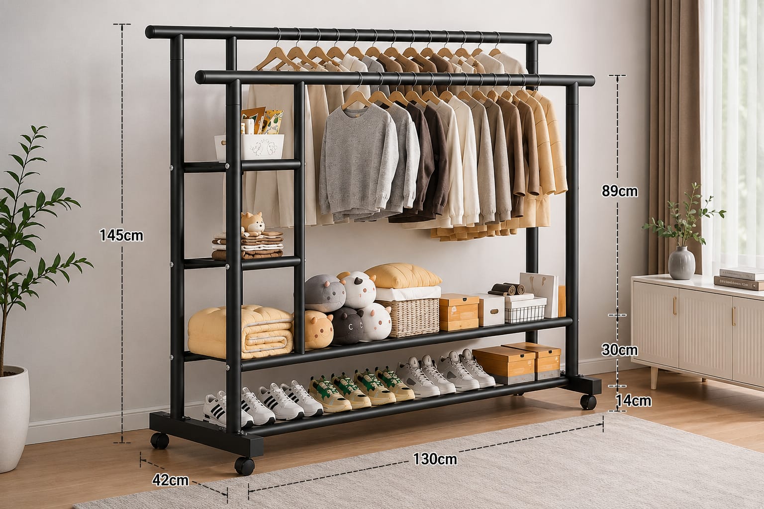 Double Layer Clothes Rack with Wheels | Heavy Duty Garment Stand with Storage Shelves | Portable Wardrobe Organizer - Image 3