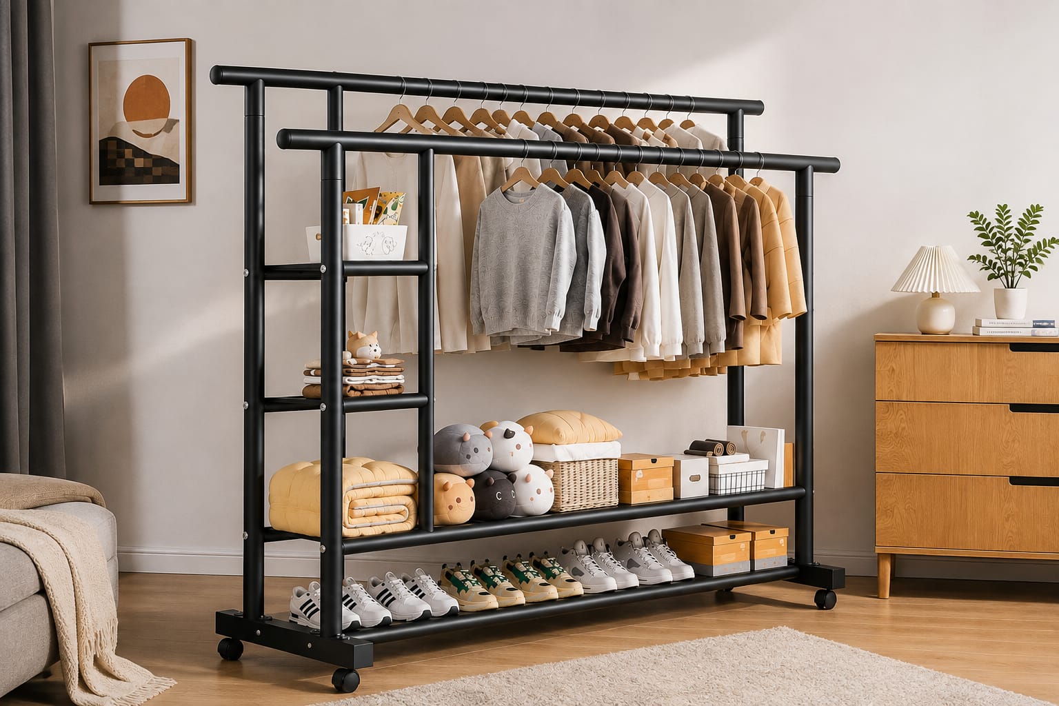 Double Layer Clothes Rack with Wheels | Heavy Duty Garment Stand with Storage Shelves | Portable Wardrobe Organizer - Image 4