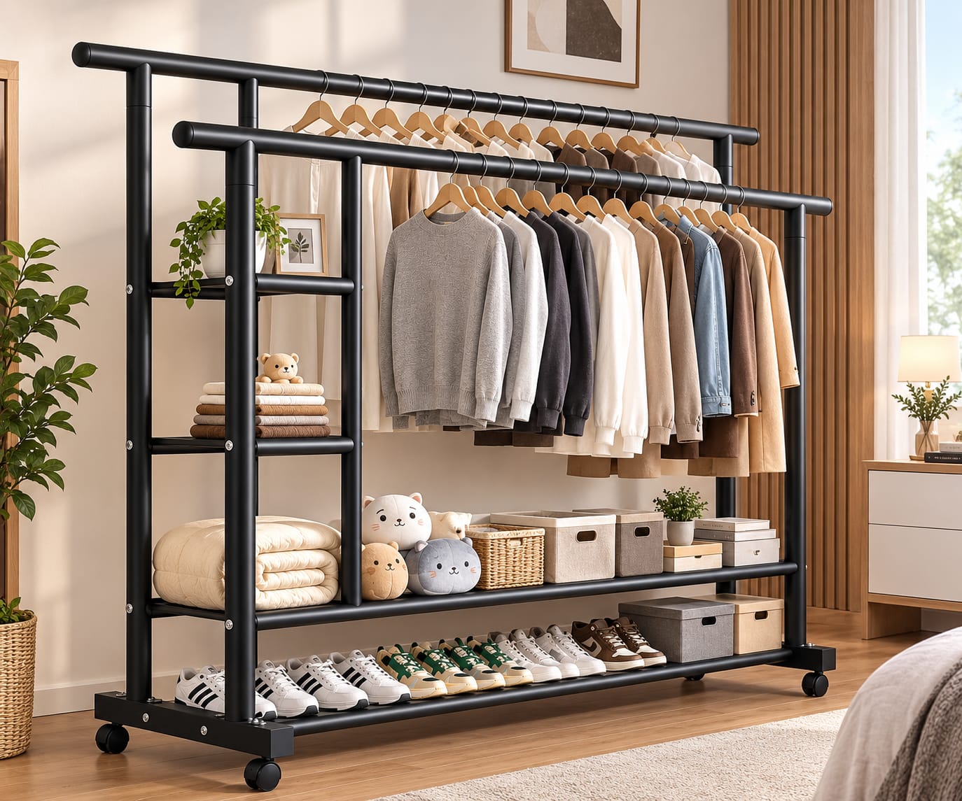 Double Layer Clothes Rack with Wheels | Heavy Duty Garment Stand with Storage Shelves | Portable Wardrobe Organizer - Image 5